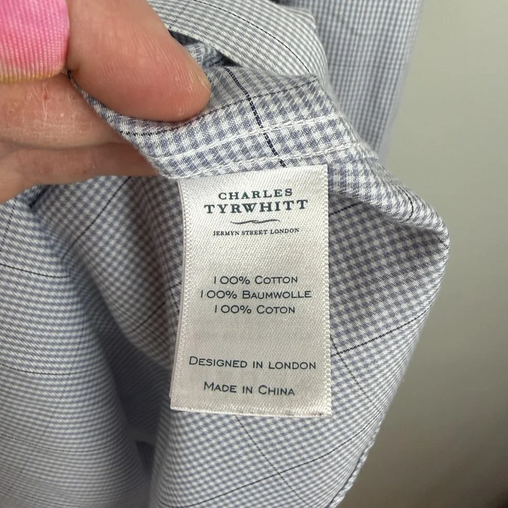 Charles Tyrwhitt Shirt‎ Mens 17/36 Blue Non Iron Slim Fit Gingham Check Dress